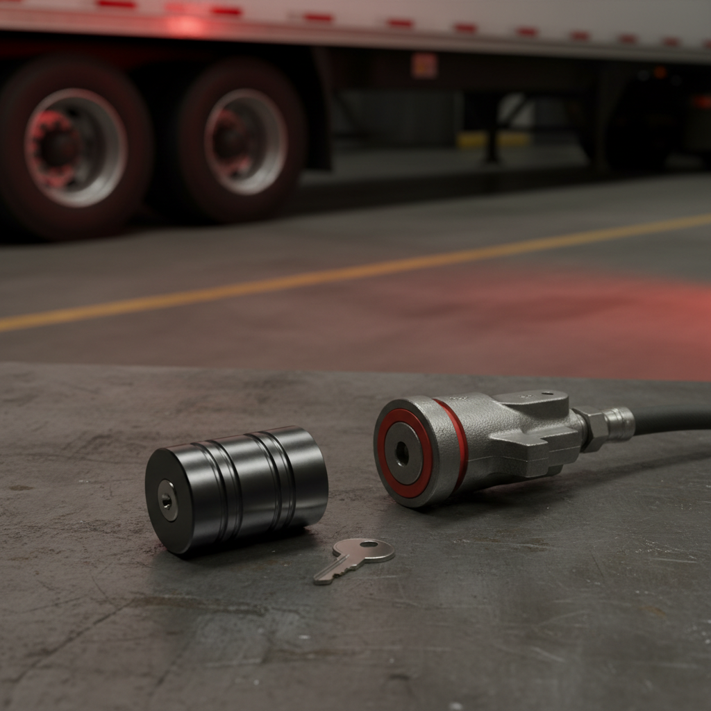 Lightweight machined aluminum glad hand lock with a small key on a steel workbench next to a gladhand coupler.