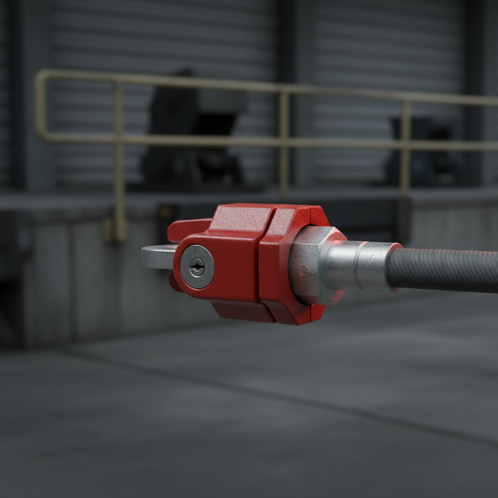 Heavy red powder-coated cast steel glad hand lock with a keyed cylinder locked over a trailer gladhand coupler.