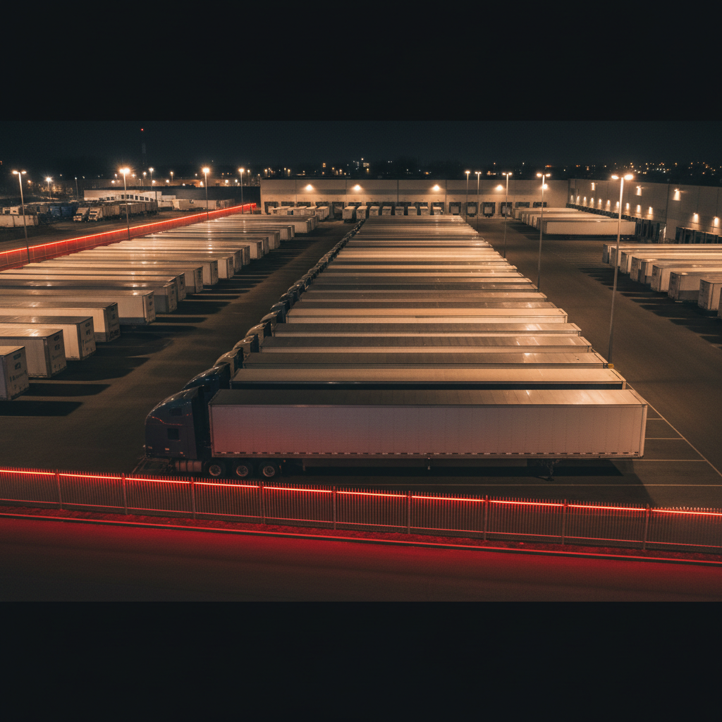 Trailer drop yard at night with rows of parked semi-trailers and security fencing.