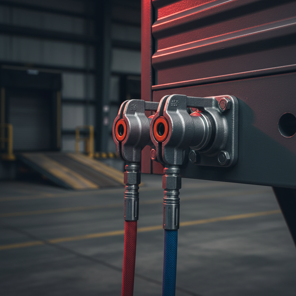 Red emergency and blue service gladhand air couplers on the front of a semi-trailer.