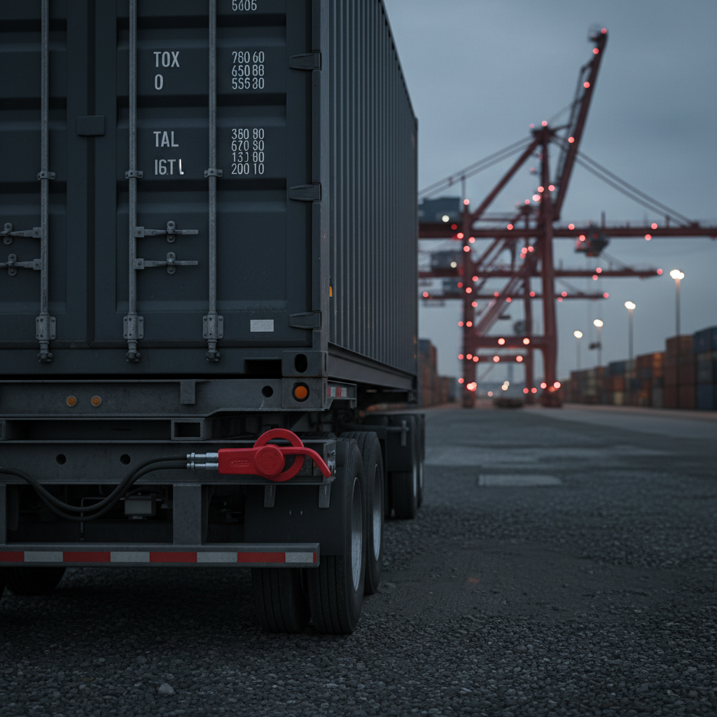 Container chassis with a shipping container in a rail yard, its air brake coupler fitted with a red glad hand lock.