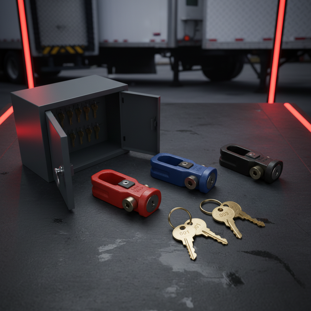 Glad hand locks in several colours with numbered keys and a key cabinet.
