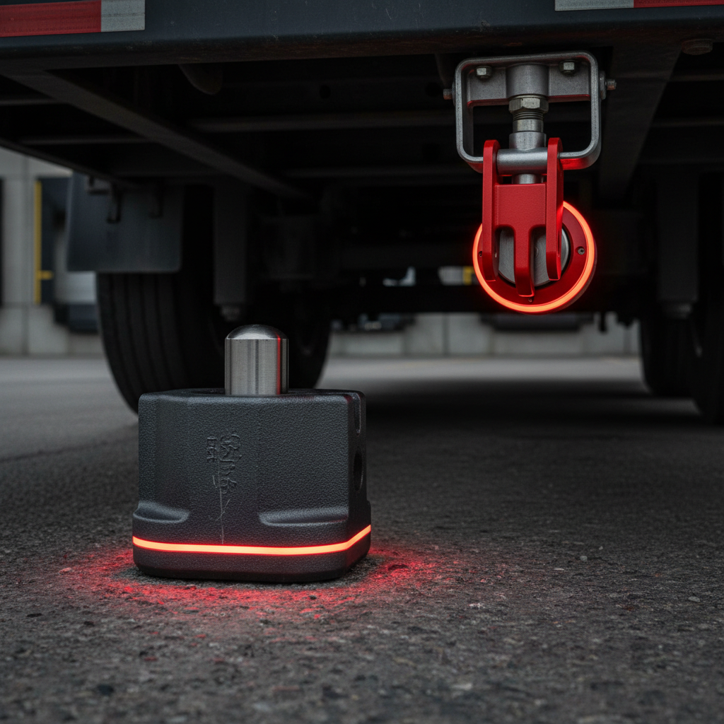 A kingpin lock on a trailer kingpin and a red glad hand lock on the air coupler.