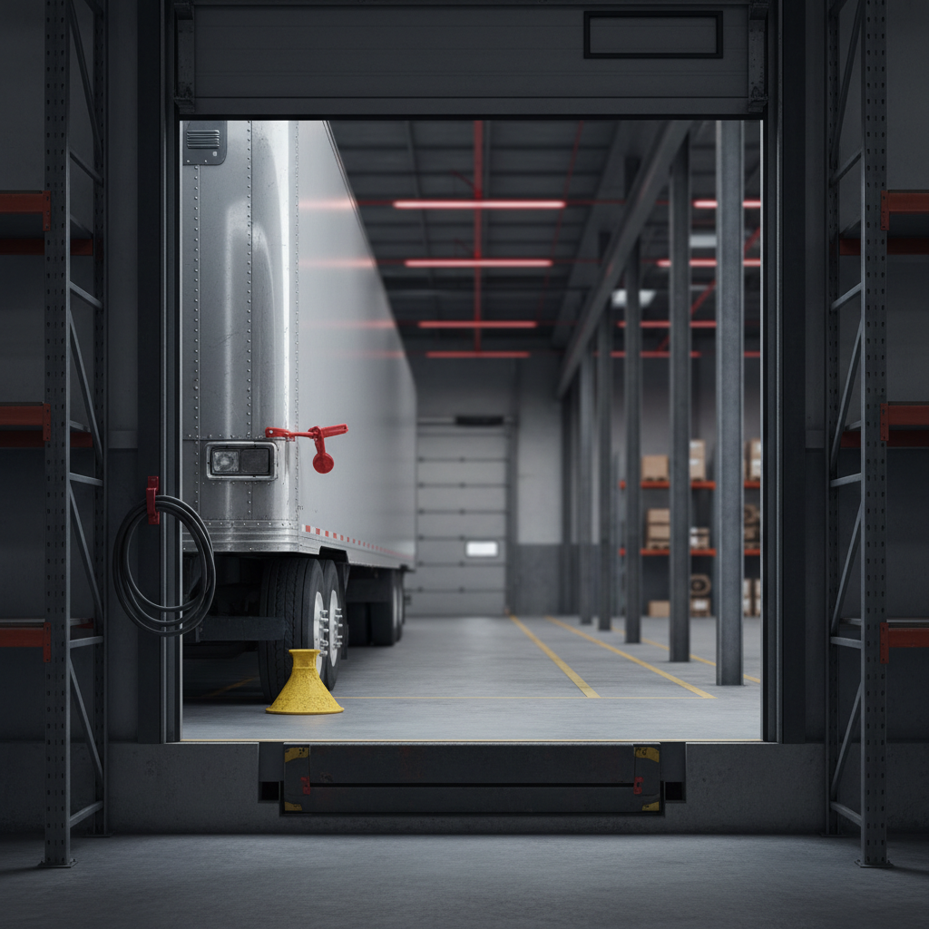 View from inside a warehouse through an open dock door to a trailer with a red glad hand lock and a wheel chock.