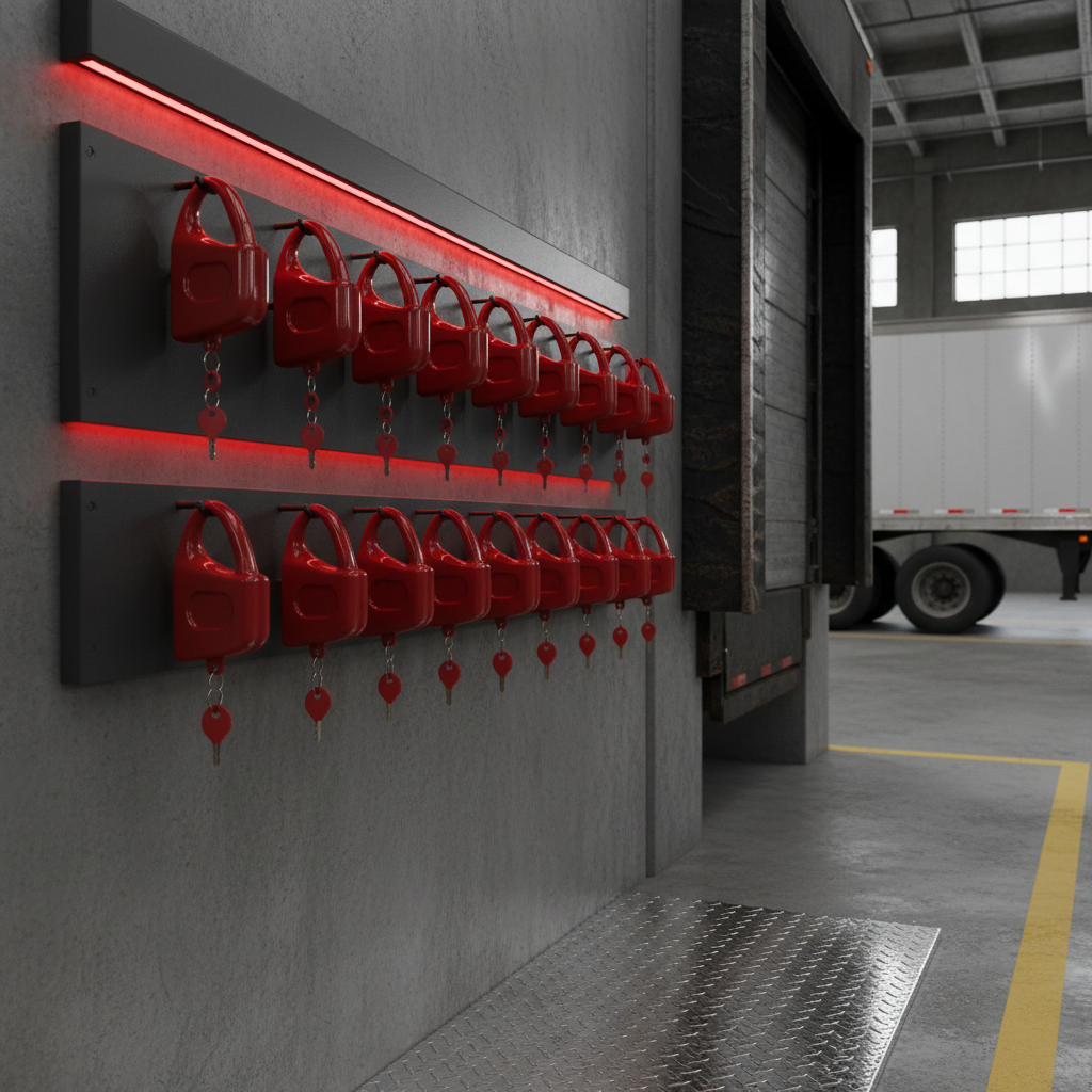 Row of red molded plastic glad hand locks with matching keys on a wall rack beside a dock door.